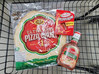 pizza ingredients in a cart