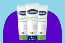 Cetaphil Face & Body Moisturizer on a purple background.