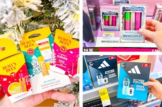 collage image of burts bees, adidas, and maybelline gift sets