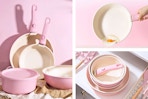 3 lifestyle images of Astercook pots & pans set in pink