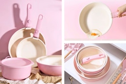 3 lifestyle images of Astercook pots & pans set in pink