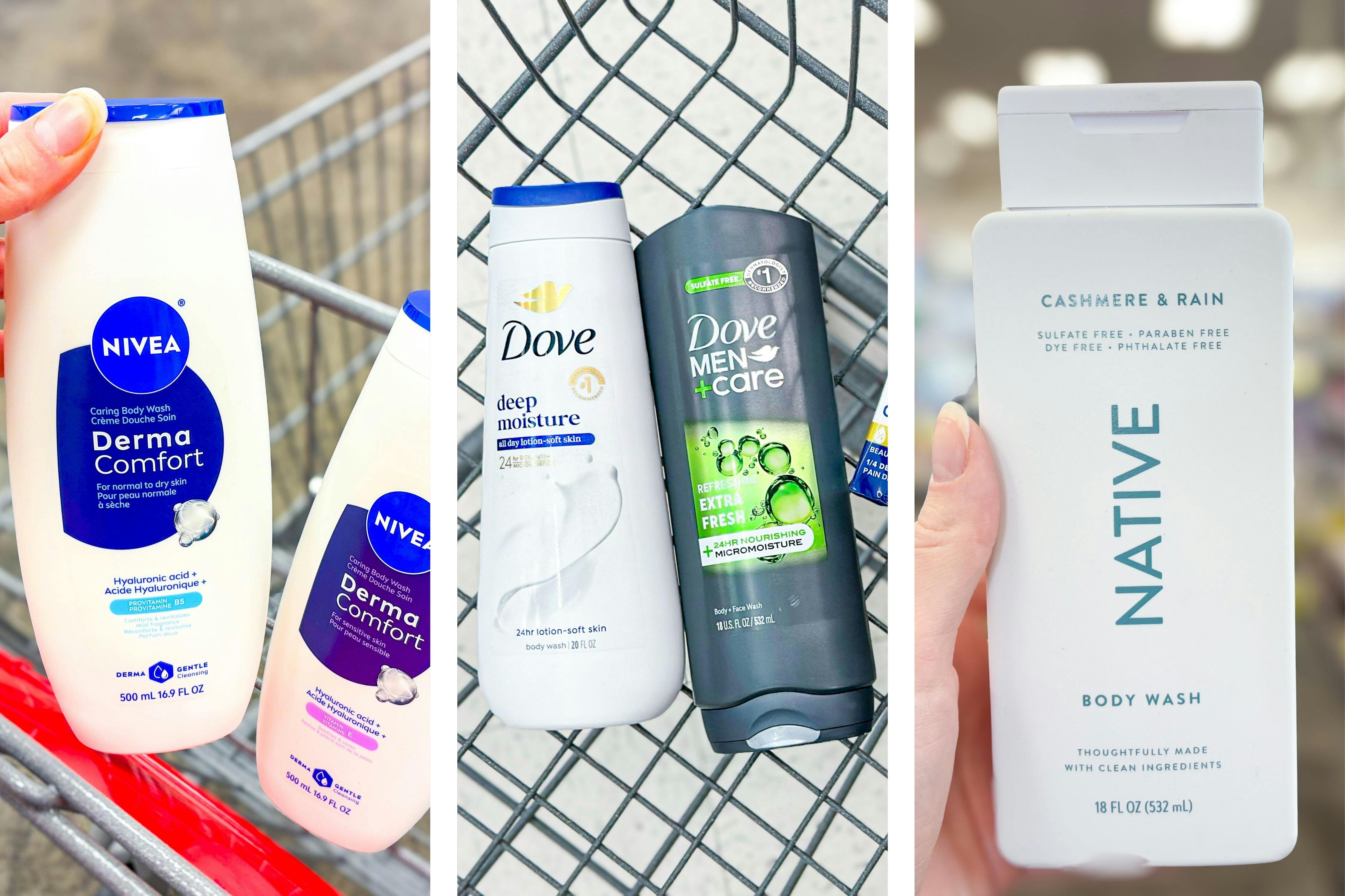 collage image of nivea, dove, and native body wash