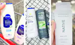 collage image of nivea, dove, and native body wash