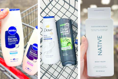 collage image of nivea, dove, and native body wash