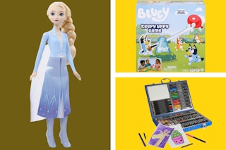 Disney Elsa doll, Bluey game, and art kit on an olive and yellow collage. 