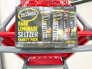 12-pack of Mikes Hard Lemonade seltzer in store shopping cart