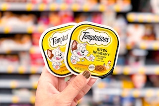 2 Temptations Wet Cat Foods held up in front of cat food isle in Walmart