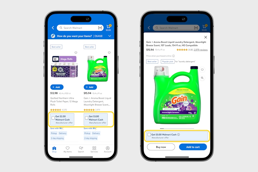 walmart cash program app screenshots with gain laundry detergent