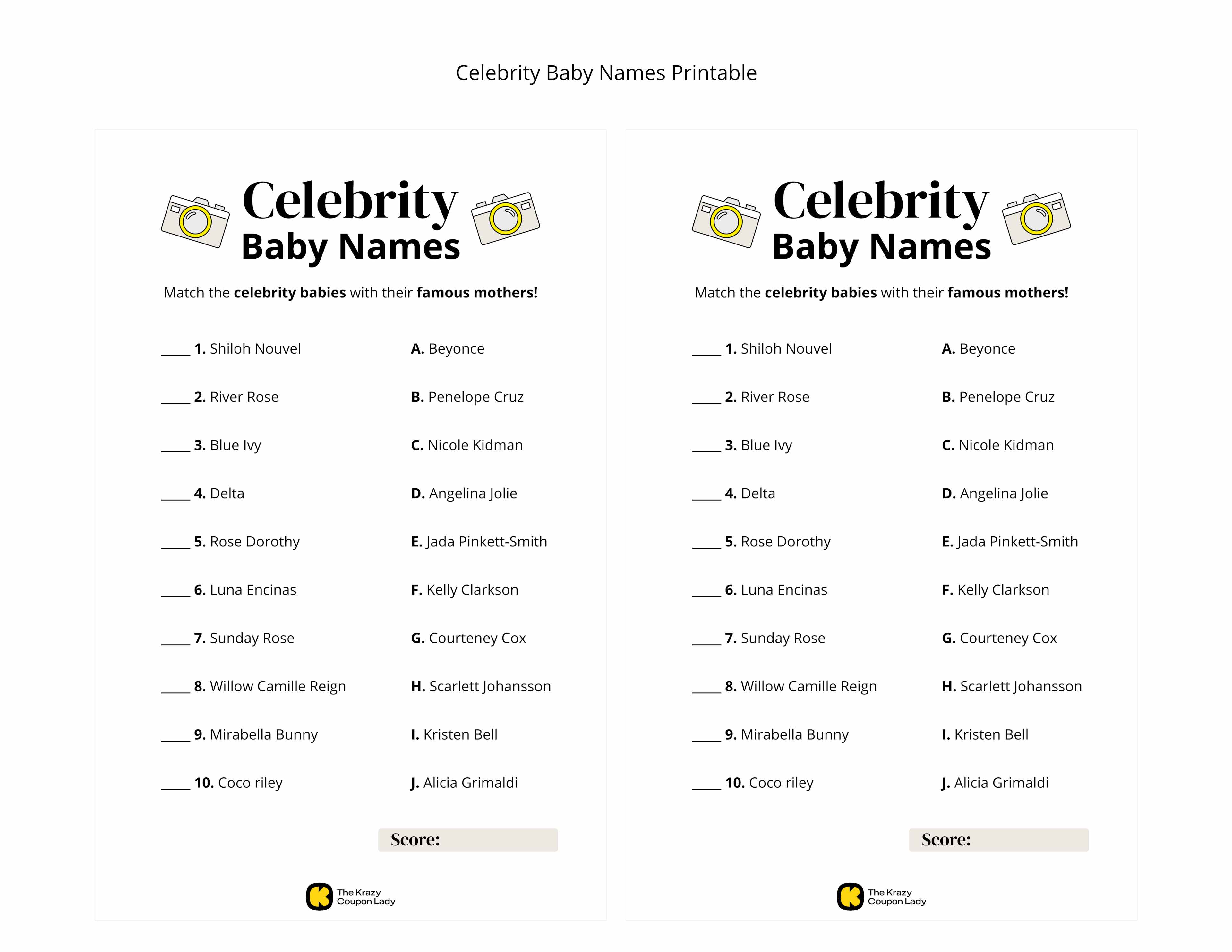 Celebrity Baby Names game for baby showers