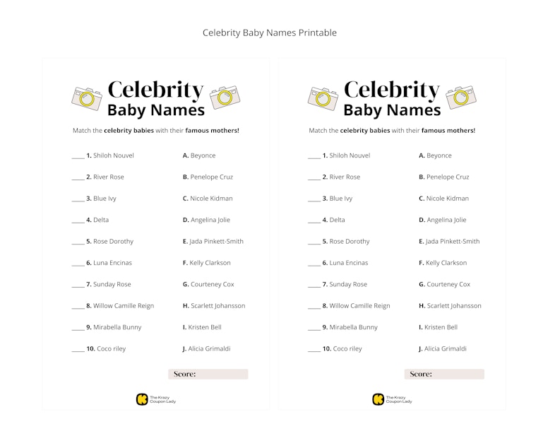 Celebrity Baby Names game for baby showers