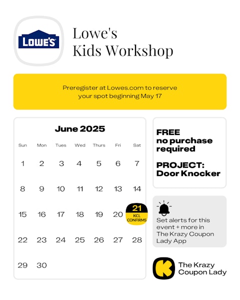 Calendar of Lowes Kids Workshops in June 21 2025 for Door Knocker
