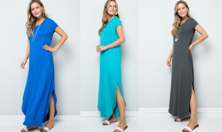Three stock images of woman wearing maxi dress in different colors.