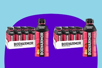 Two 12 packs of body armour sports drink in bottles, strawberry banana flavor