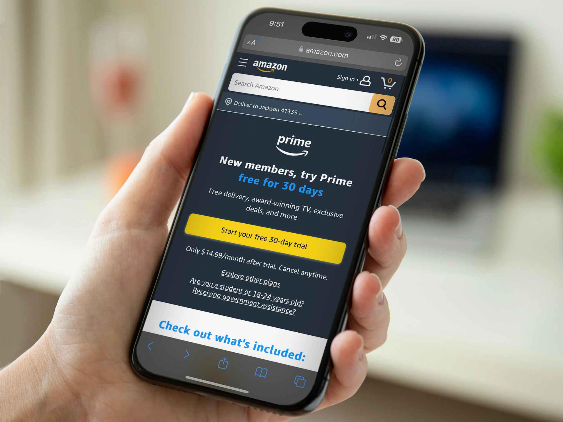 Someone looking on their phone at the webpage for Amazon Prime free trial