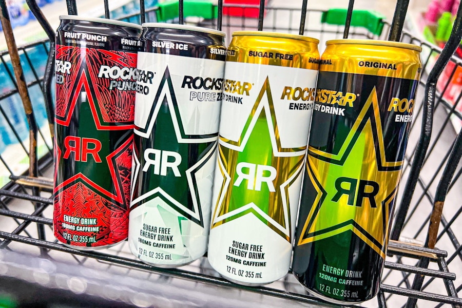 4 rockstar energy drinks in a cart