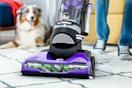 Lifestyle image of the Dirt Devil Power Max Rewind Vacuum (close up shot) with dog in the background