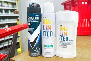 one Degree Ultraclear dry spray and two Degree Unlimited deodorant products on shelf