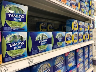 Tampax tampons on store shelves.