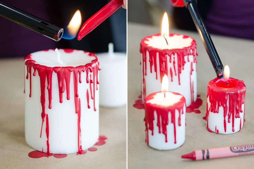 Two photos side-by-side; A person using a lighter to melt a red crayon all over the outside of a red white candle making drips down the s...