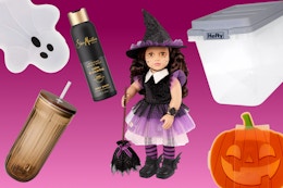 6 different items: Halloween snack containers, SheaMoisture Body Wash (sponsored), tumbler, witch doll and Hefty container