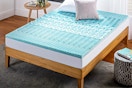 Lifestyle image of the Zinus Spa 1-inch Green Tea Gel Memory Foam Queen Mattress Topper in a bedroom setting