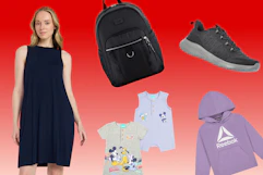 women's dress, black backpack, Reebok sweatshirt, Disney baby onesies, Avia sneakers