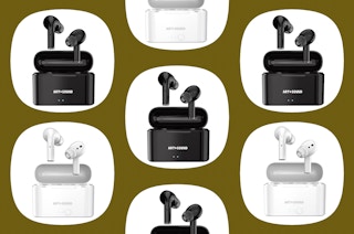 collage of wireless earbuds in white or black on a dark green background