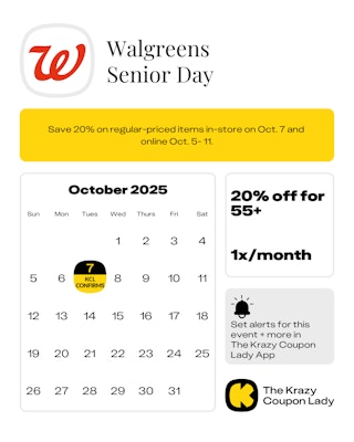 Calendar graphic of Walgreens Senior Day confirmed in store on Oct 7 2025