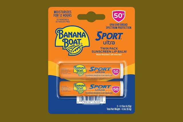 Banana Boat Sport Sunscreen Lip Balm 2-Pack, Now $4 on Amazon card image