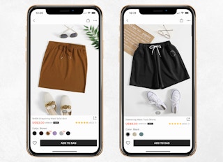 two mobile screenshots of a brown skirt and black gym shorts on shein mobile app