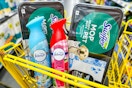 swiffer and febreze products in a yellow shopping cart