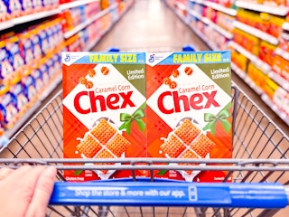 2 Chex cereal boxes in Walmart shopping cart in cereal aisle