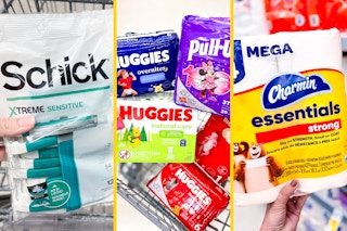 collage of photos with schick razors, huggies products, and charmin toilet paper