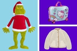 3 stock photos: Grinch Jumbo Plush, Hello Kitty Ride-on Suitcase & Kids' Jacket