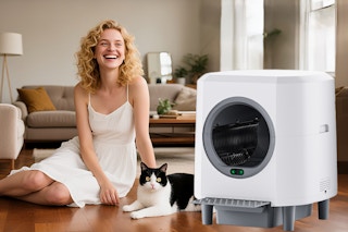 Self-Cleaning Cat Litter Box B0F6717829 A woman sits on a hardwood floor next to a black and white cat and self cleaning litter box.