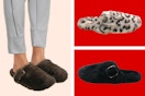 3 stock photos of the No Boundaries Faux Fur Buckle Clog Slippers for women (brown, leopard & black)