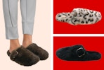 3 stock photos of the No Boundaries Faux Fur Buckle Clog Slippers for women (brown, leopard & black)