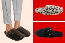 3 stock photos of the No Boundaries Faux Fur Buckle Clog Slippers for women (brown, leopard & black)