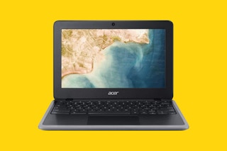 Refurbished Acer Chromebook 311 on a yellow background