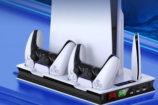 lifestyle image of a plystation 5 and controllers on a cooling stand