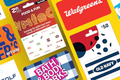 Food & Fun, Bath & Body Works, Walgreens, Old Navy, Dave & Busters, Top Golf gift cards