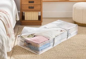 brightroom underbed storage bag sitting on a floor next to a bed