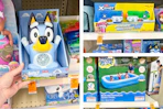 collage image of bluey bubble machine, xshot water blasters, and h2ogo family pool