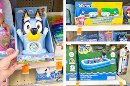 collage image of bluey bubble machine, xshot water blasters, and h2ogo family pool
