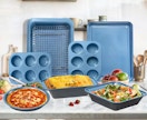 a blue and grey baking pan set