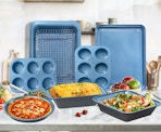 a blue and grey baking pan set