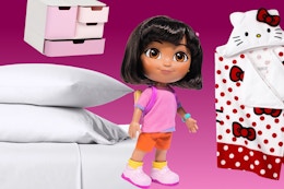 Dora doll, bed sheet set, storage organizer & Hello Kitty hooded towel