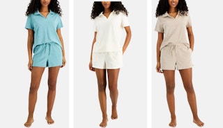 collage of a woman wearing different colors of a shorts set