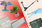 Mandalorian toy, monastera faux plant, Better Homes & Garden queen bed, green slow cooker, striped bunny decor, and kick scooter 