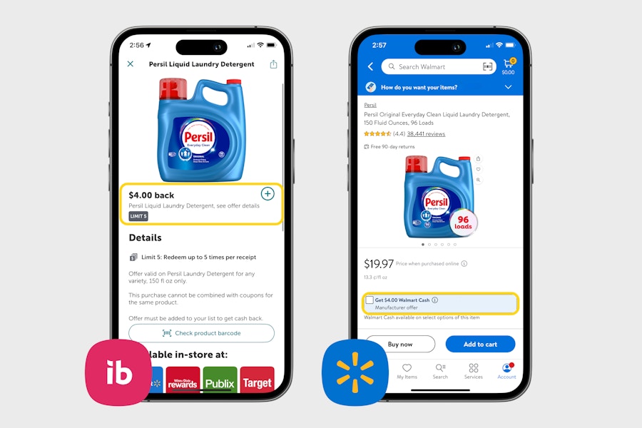 iphone screenshot of ibotta offers and walmart rewards matching on persil detergent